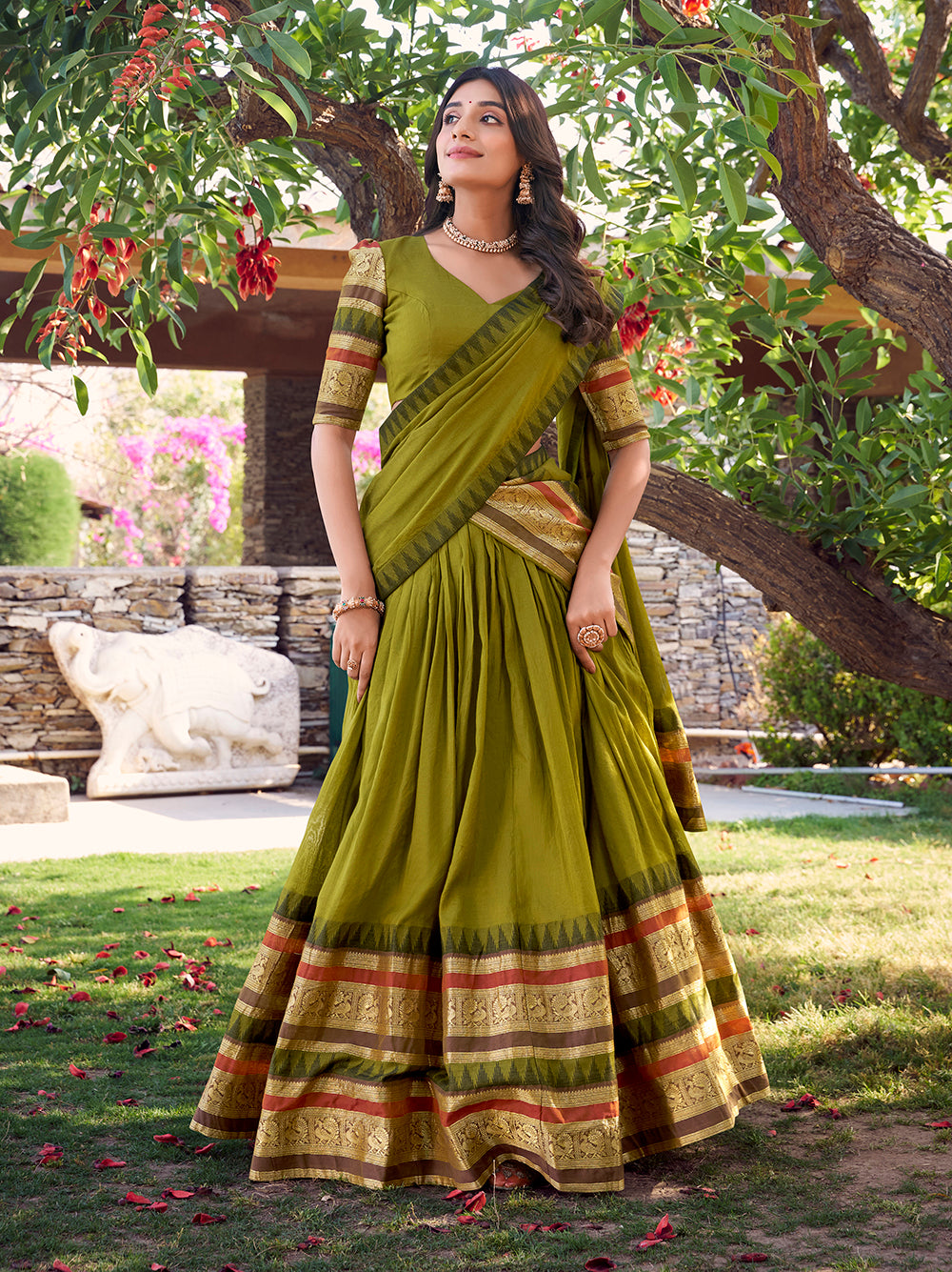 Mehandi green chanderi lehenga choli with zari border matching dupatta