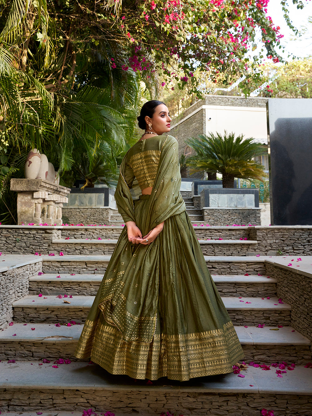 Mehandi green chanderi silk lehenga choli with elegant weave matching dupatta