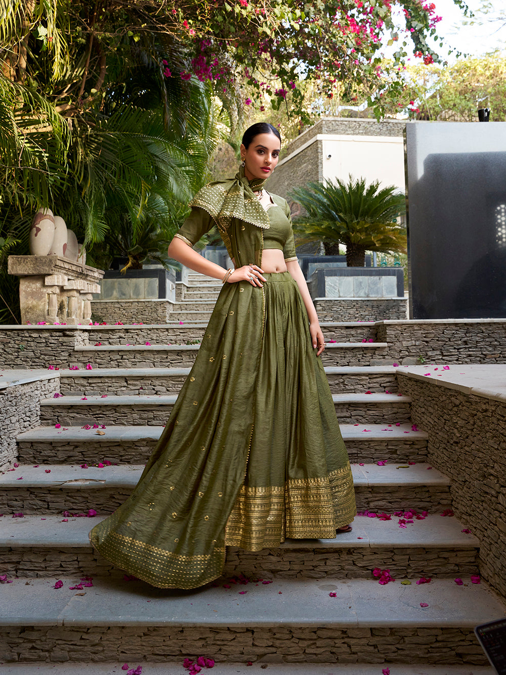 Mehandi green chanderi silk lehenga choli with elegant weave matching dupatta