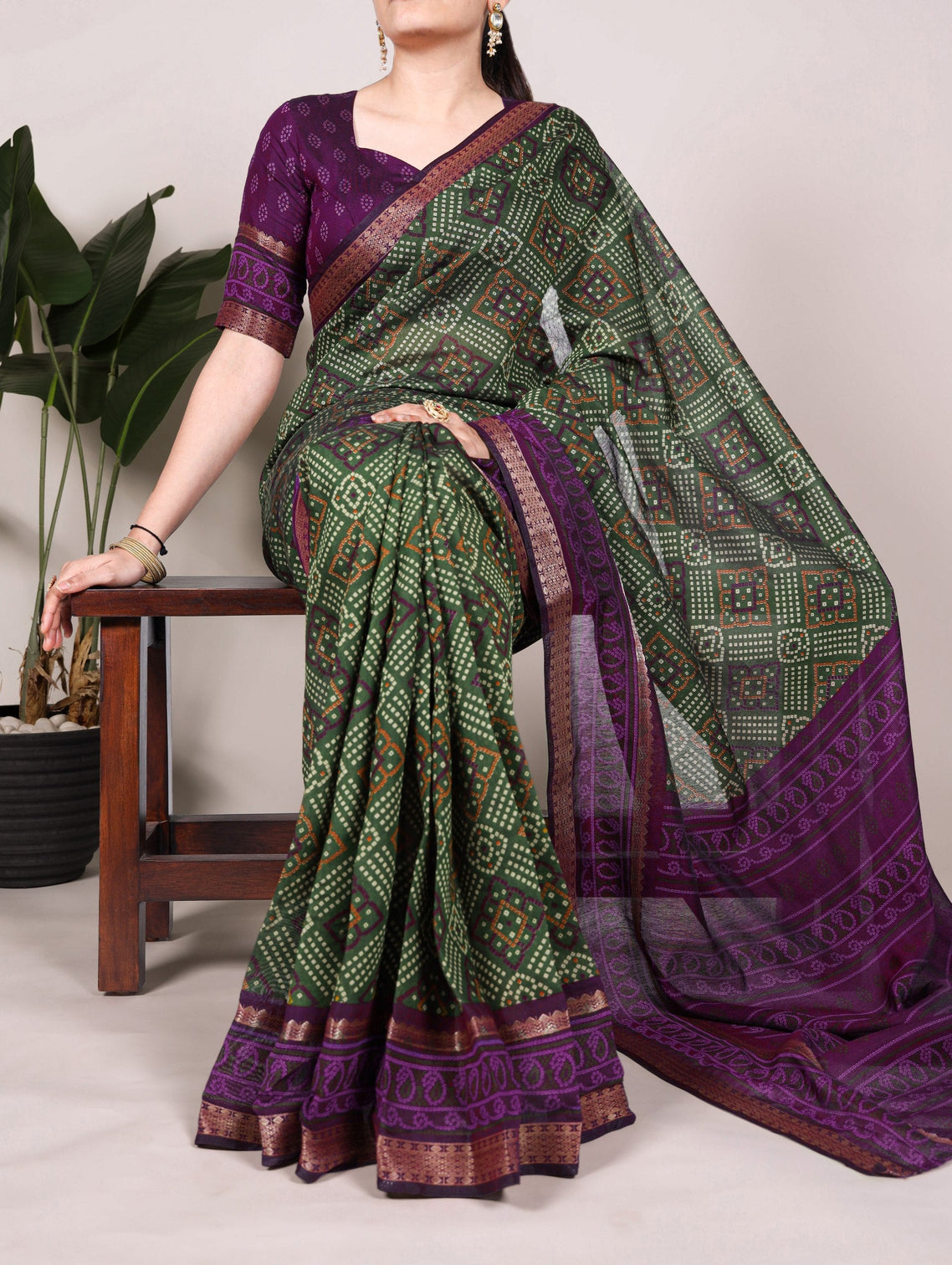 Mehendi Bandhej Print Chanderi Saree with Zari Weaving Work