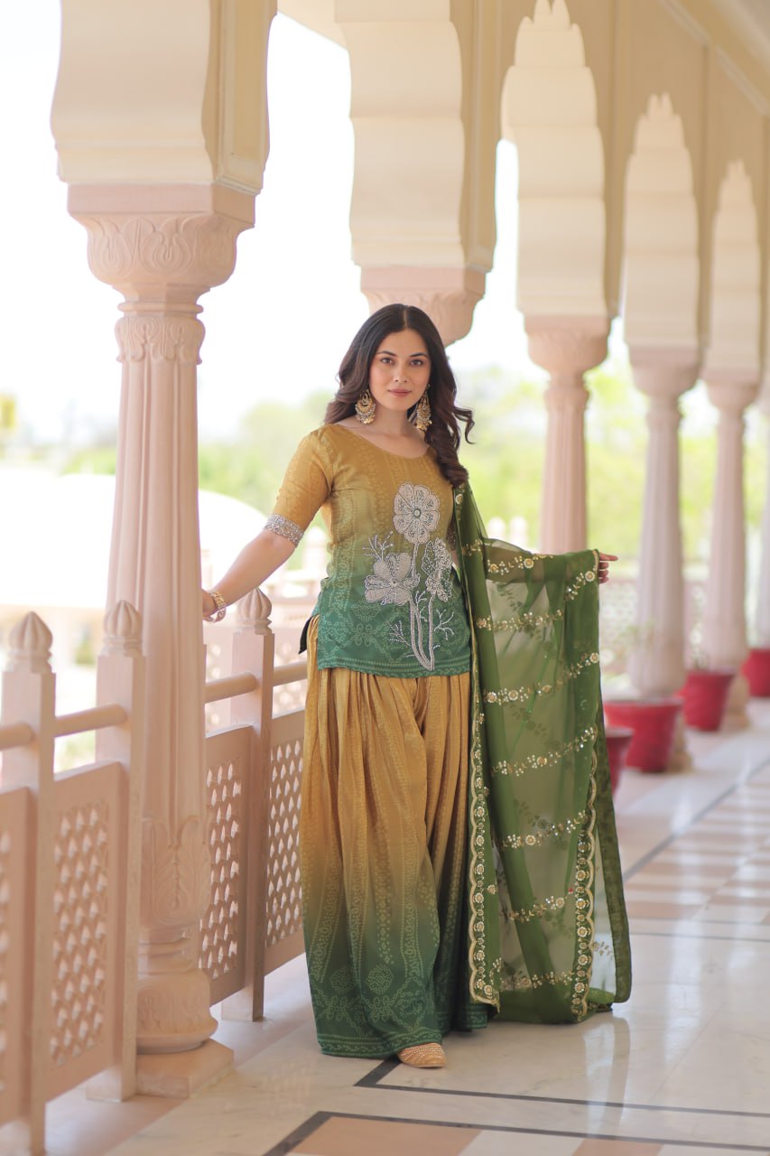 Mehendi Chinnon Print Kurti Set with Rich Beads Embroidery & Tebby Silk Dupatta – 3-Piece Ethnic Wear for Women