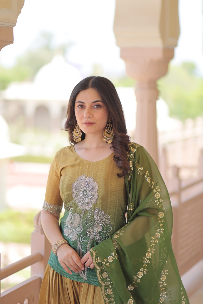 Mehendi Chinnon Print Kurti Set with Rich Beads Embroidery & Tebby Silk Dupatta – 3-Piece Ethnic Wear for Women