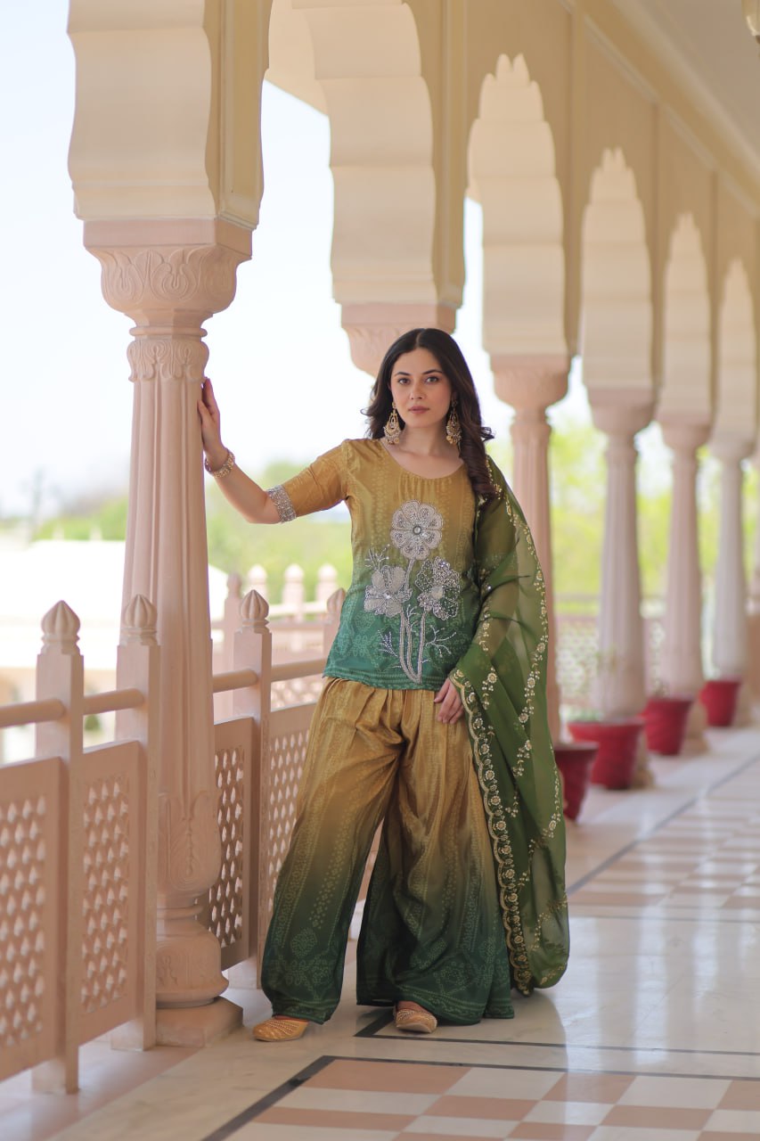 Mehendi Chinnon Print Kurti Set with Rich Beads Embroidery & Tebby Silk Dupatta – 3-Piece Ethnic Wear for Women