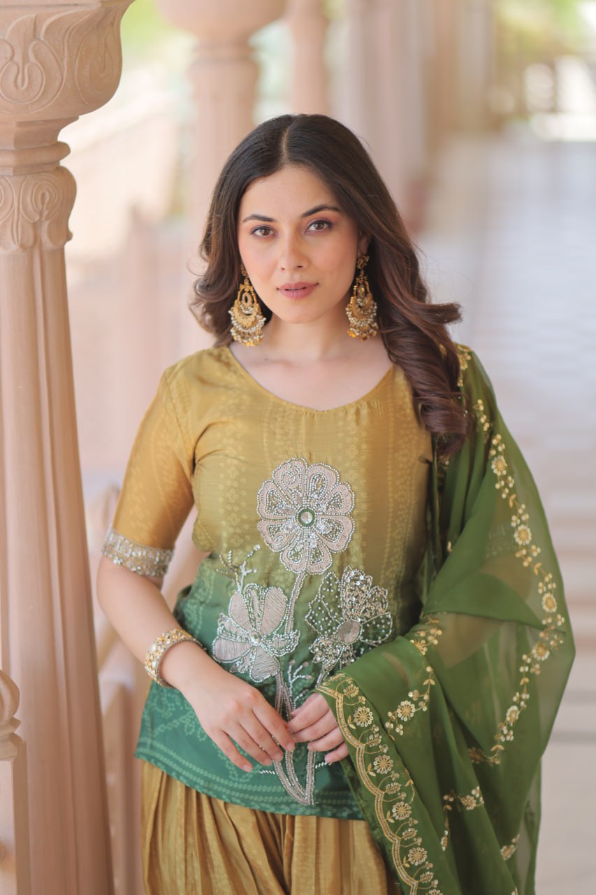 Mehendi Chinnon Print Kurti Set with Rich Beads Embroidery & Tebby Silk Dupatta – 3-Piece Ethnic Wear for Women