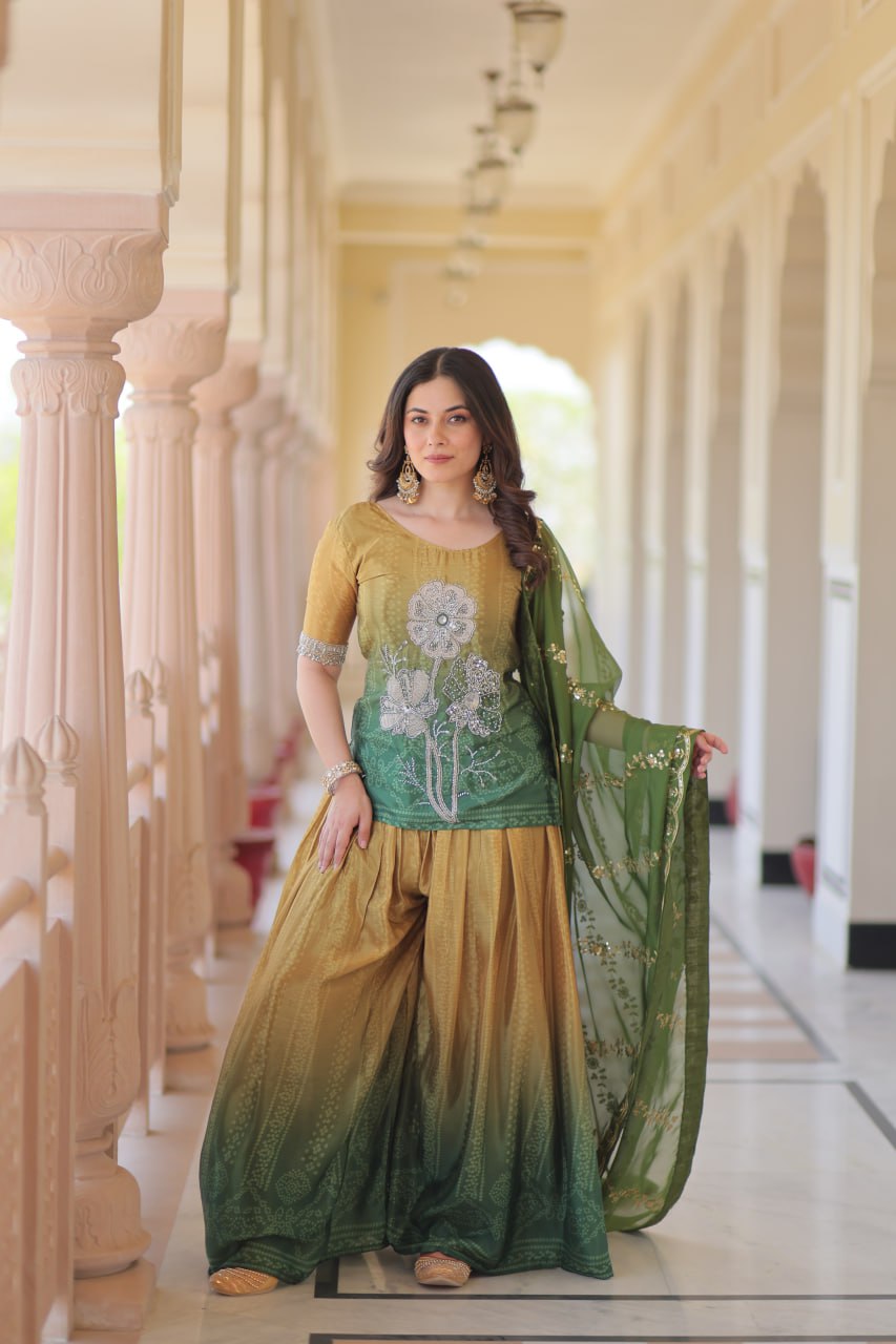 Mehendi Chinnon Print Kurti Set with Rich Beads Embroidery & Tebby Silk Dupatta – 3-Piece Ethnic Wear for Women