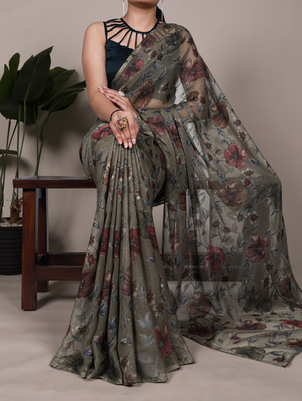 Mehendi floral lurex brasso saree with natural silk blouse