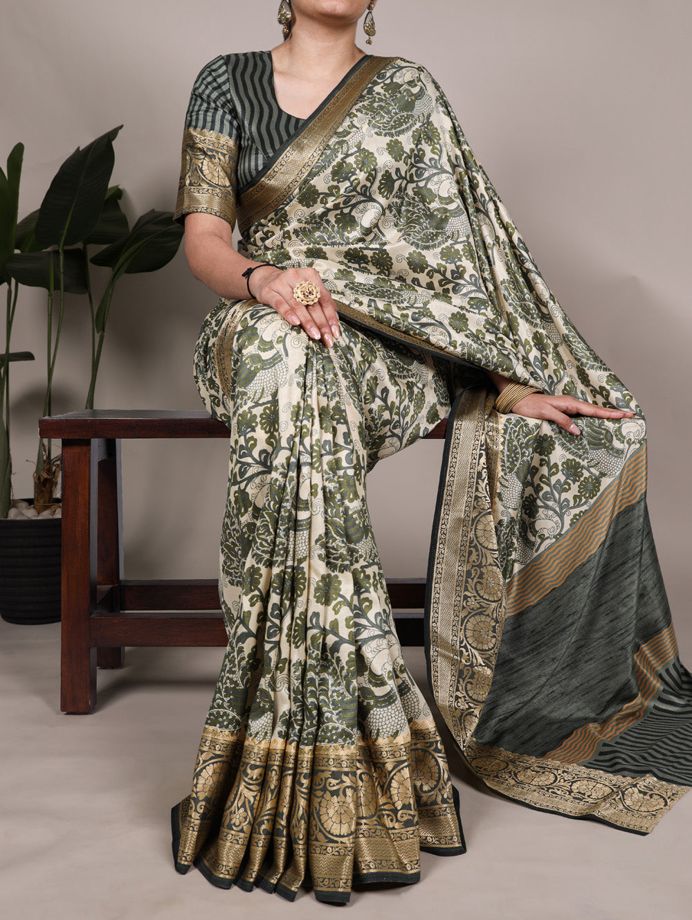 Mehendi color printed tasar silk saree with viscose border