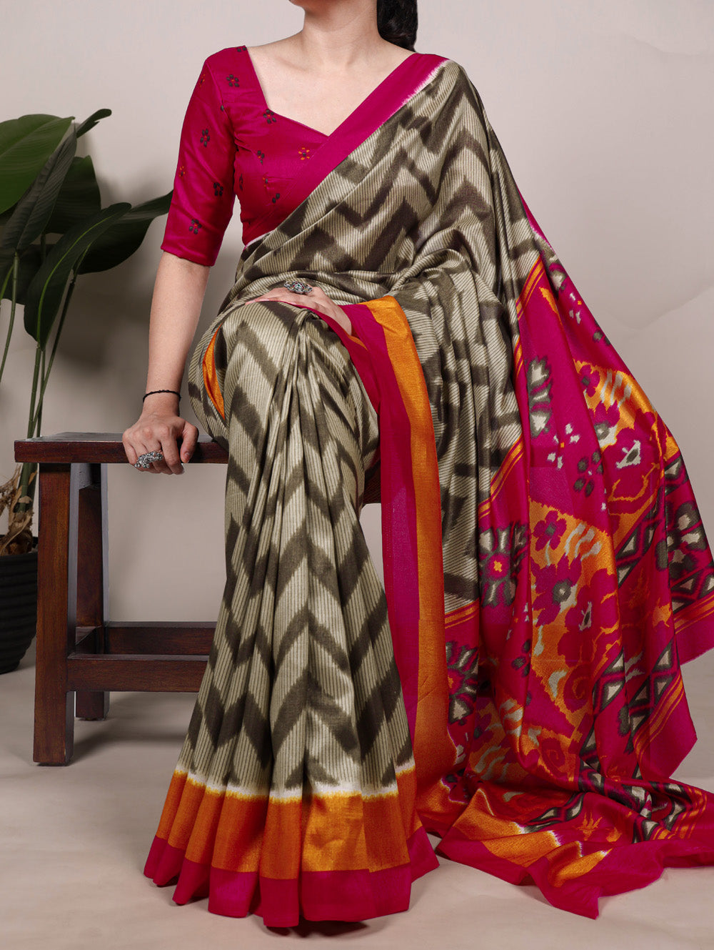Mehendi green printed tassar silk saree with matching blouse