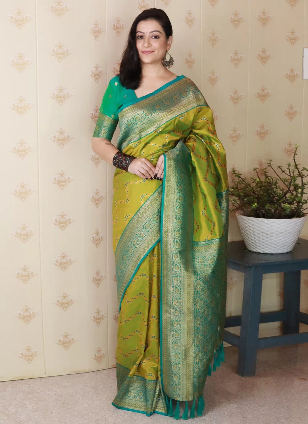 Designer mehendi banarasi soft silk saree with gold zari work