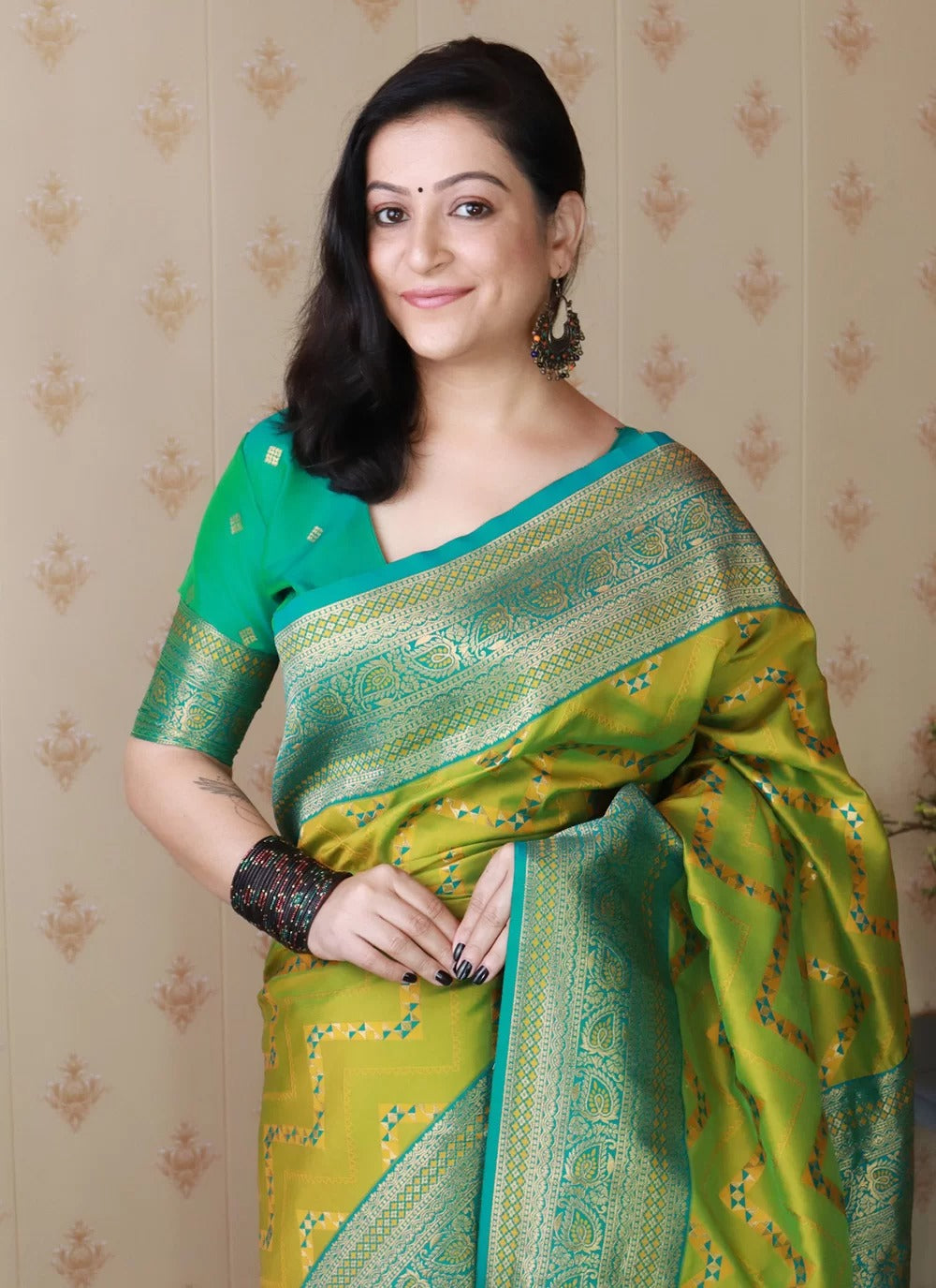 Designer mehendi banarasi soft silk saree with gold zari work