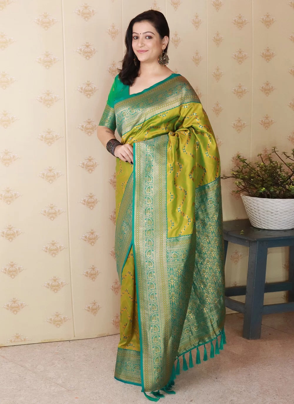 Designer mehendi banarasi soft silk saree with gold zari work
