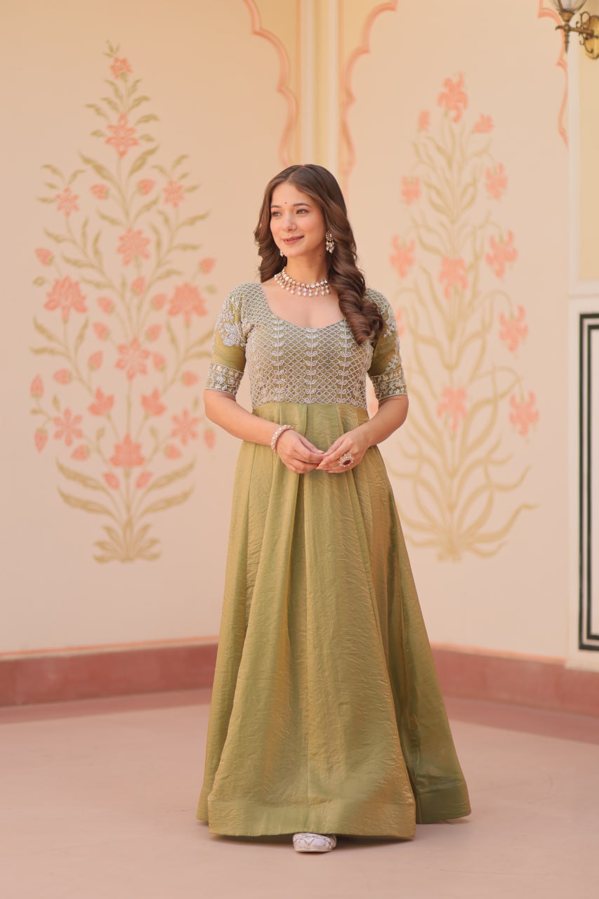 Mehendi Designer Fendy Embroidered Gown with Bead Detailing | Kali Pattern Stitch
