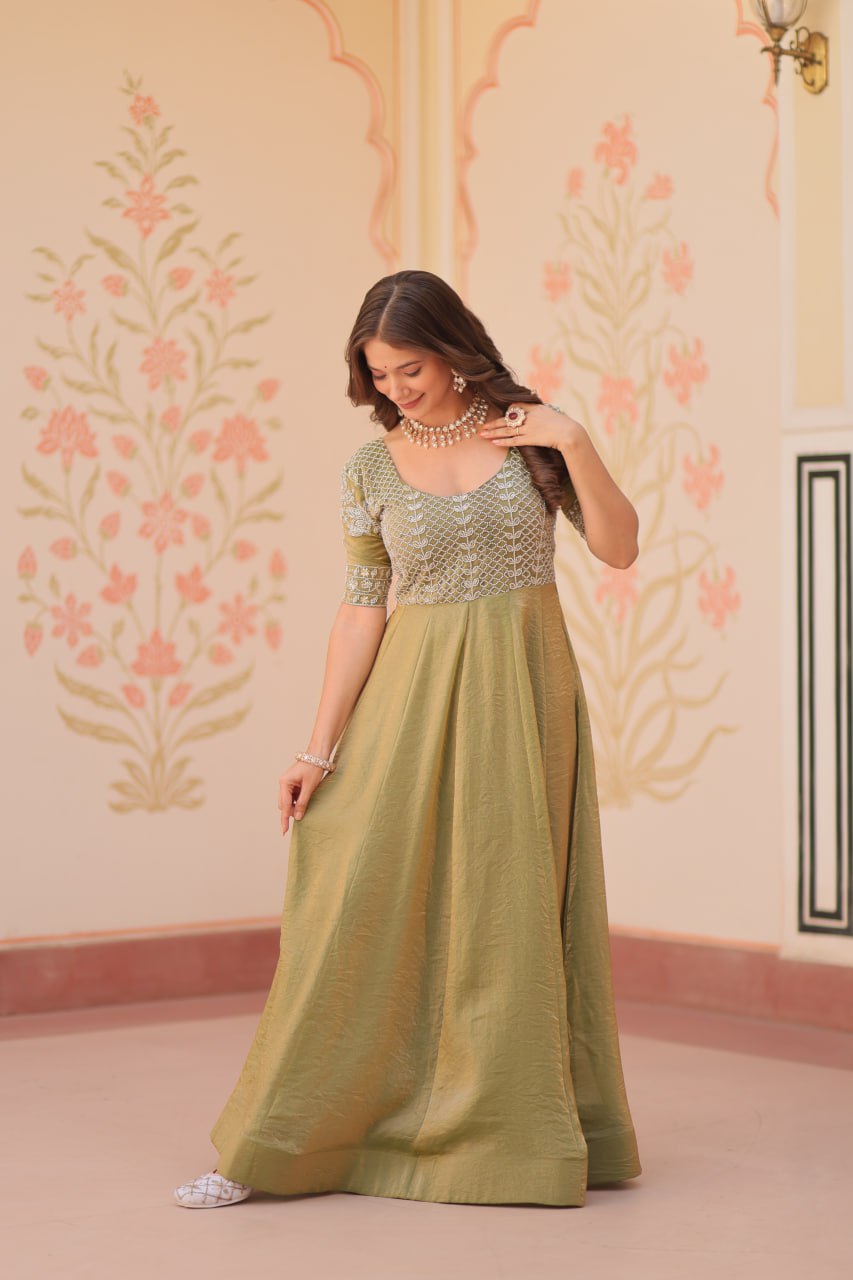 Mehendi Designer Fendy Embroidered Gown with Bead Detailing | Kali Pattern Stitch