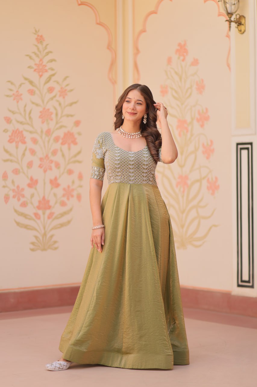 Mehendi Designer Fendy Embroidered Gown with Bead Detailing | Kali Pattern Stitch