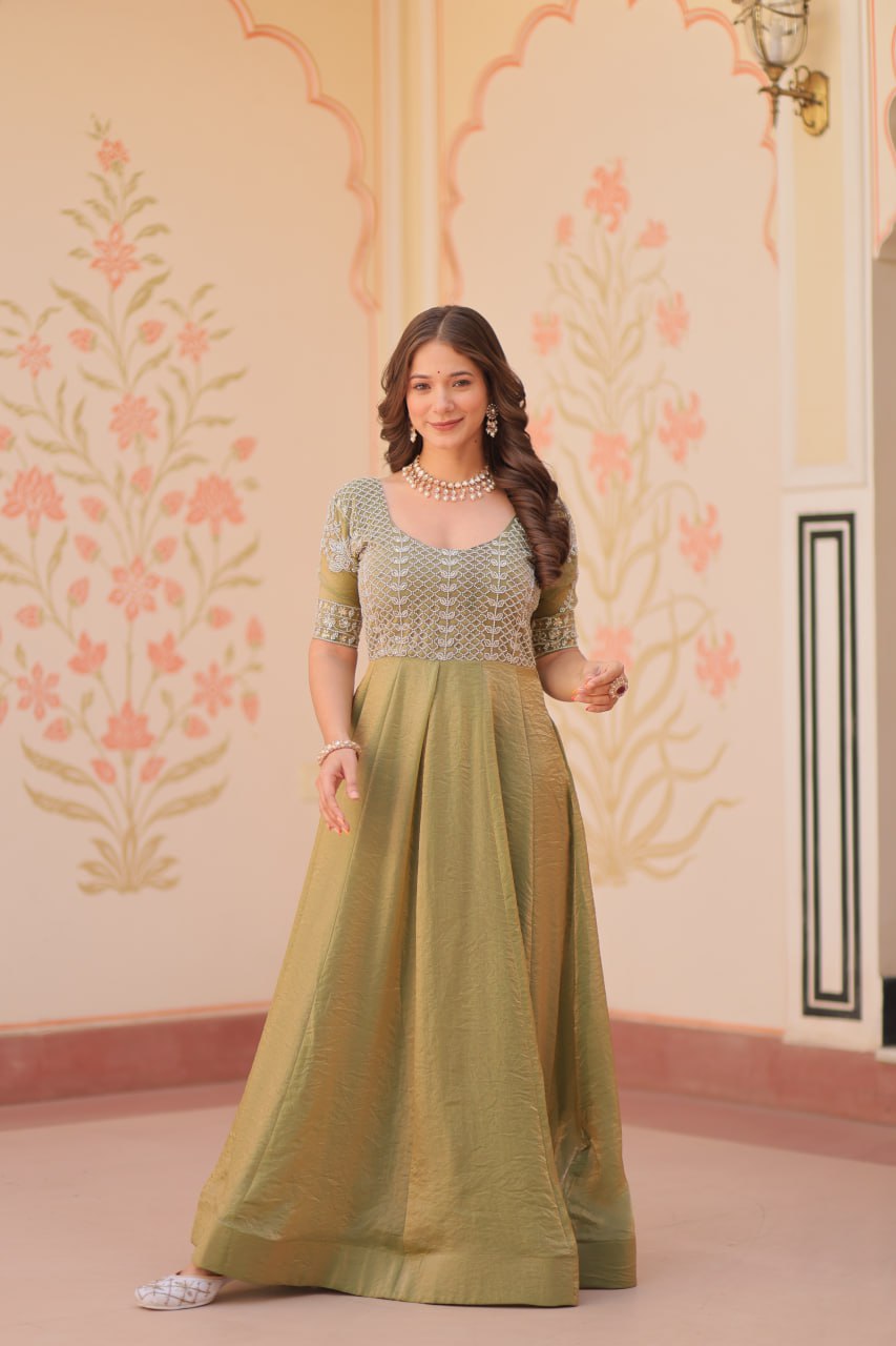 Mehendi Designer Fendy Embroidered Gown with Bead Detailing | Kali Pattern Stitch