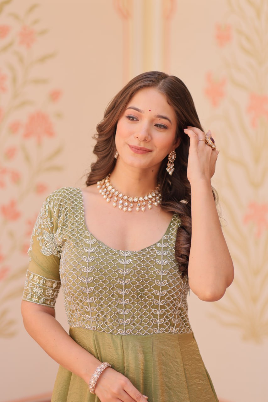 Mehendi Designer Fendy Embroidered Gown with Bead Detailing | Kali Pattern Stitch