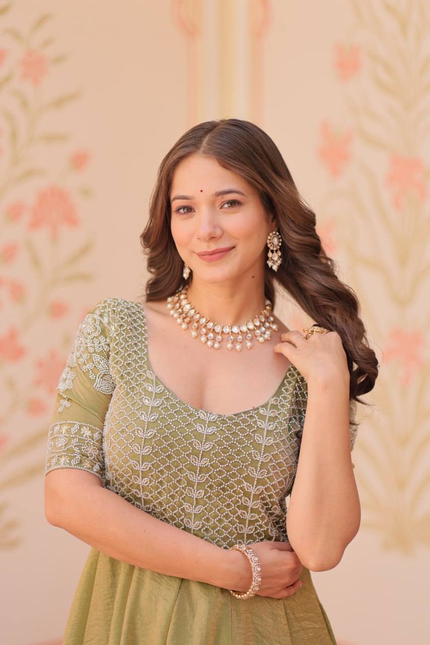 Mehendi Designer Fendy Embroidered Gown with Bead Detailing | Kali Pattern Stitch