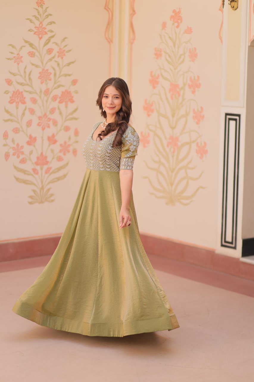 Mehendi Designer Fendy Embroidered Gown with Bead Detailing | Kali Pattern Stitch