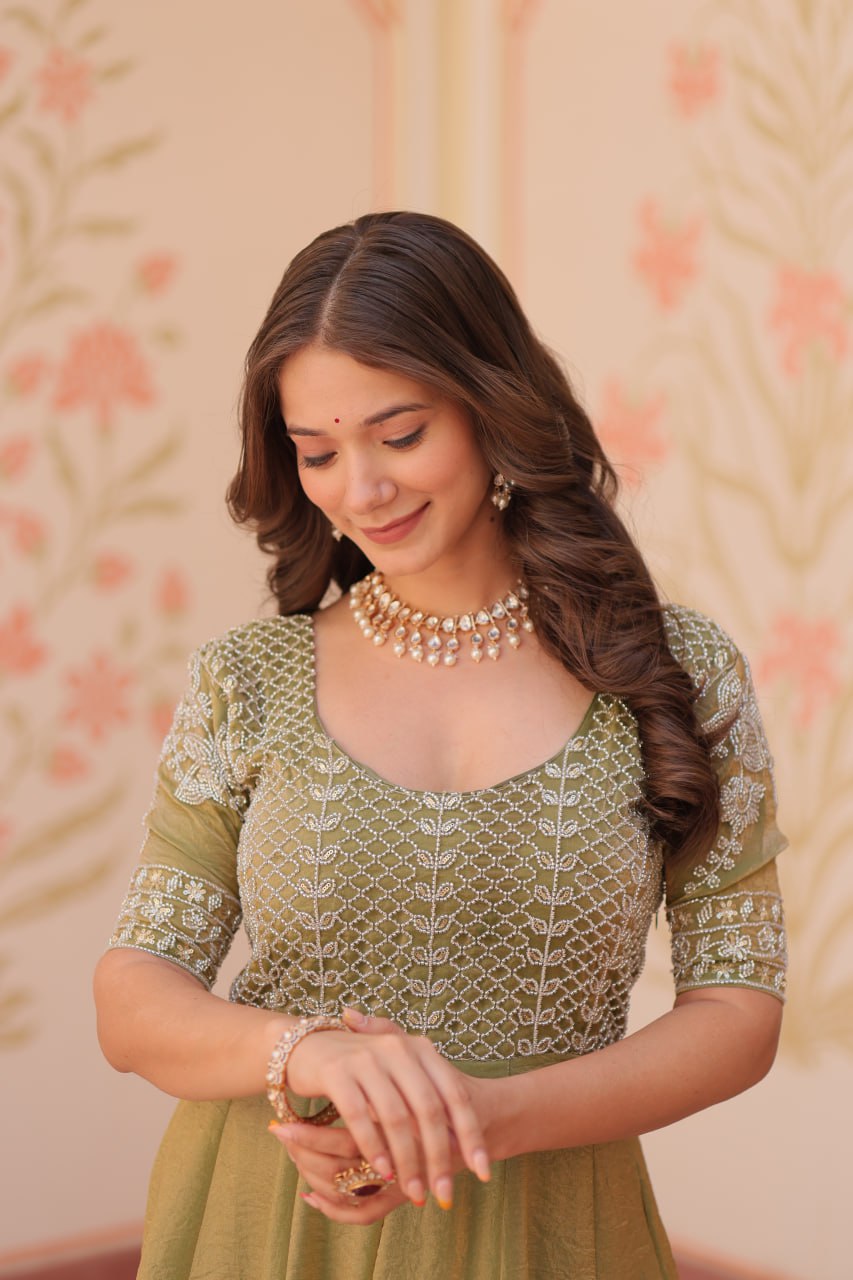 Mehendi Designer Fendy Embroidered Gown with Bead Detailing | Kali Pattern Stitch