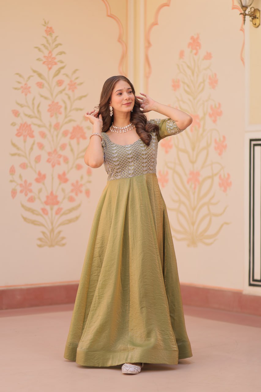 Mehendi Designer Fendy Embroidered Gown with Bead Detailing | Kali Pattern Stitch