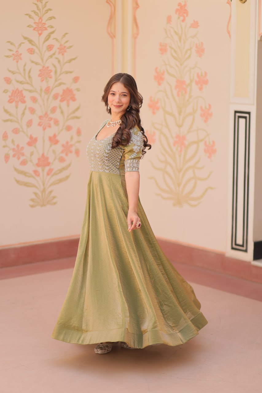Mehendi Designer Fendy Embroidered Gown with Bead Detailing | Kali Pattern Stitch