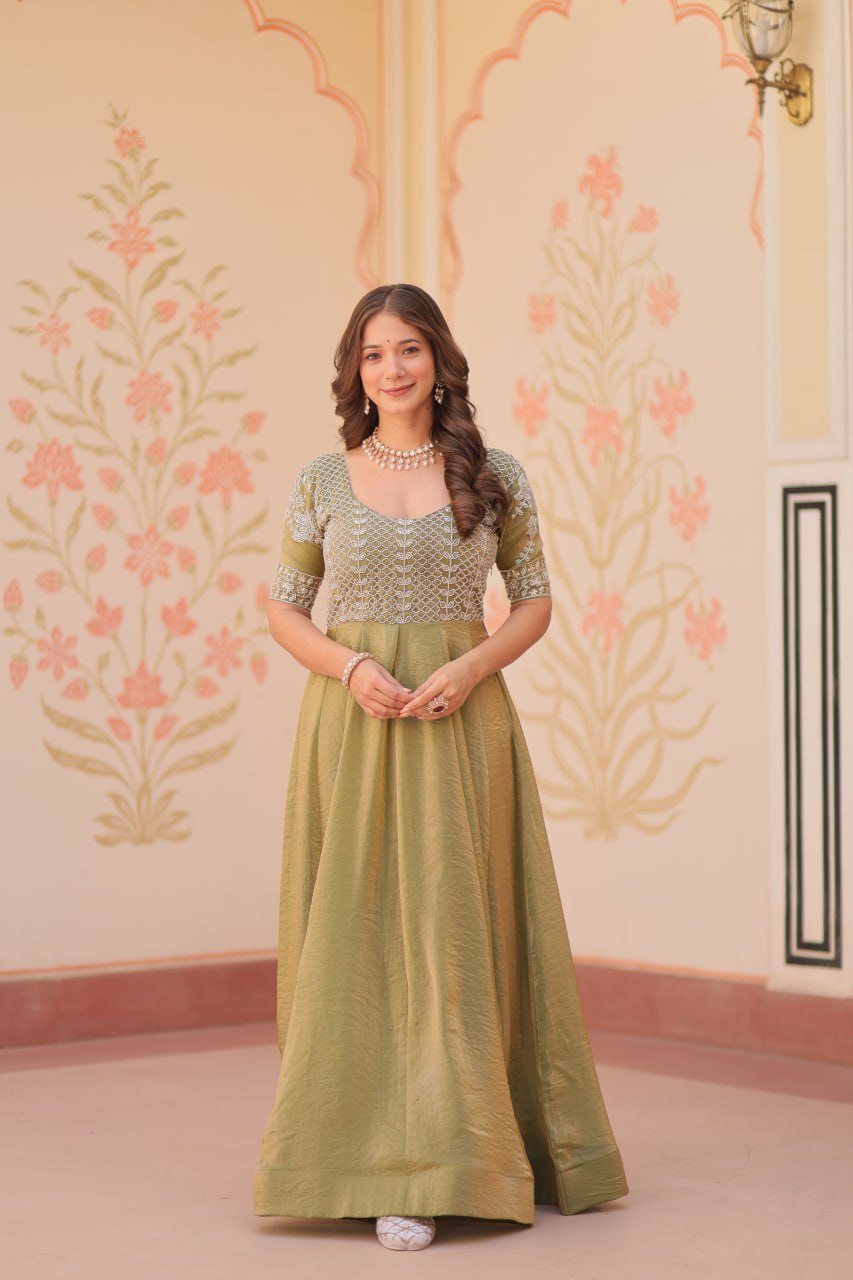 Mehendi Designer Fendy Embroidered Gown with Bead Detailing | Kali Pattern Stitch