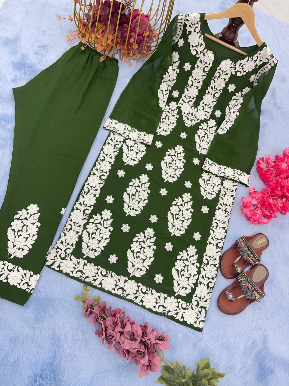 Mehendi Elegant Chikankari Designer Kurta & Bottom Set – Perfect Ethnic Look