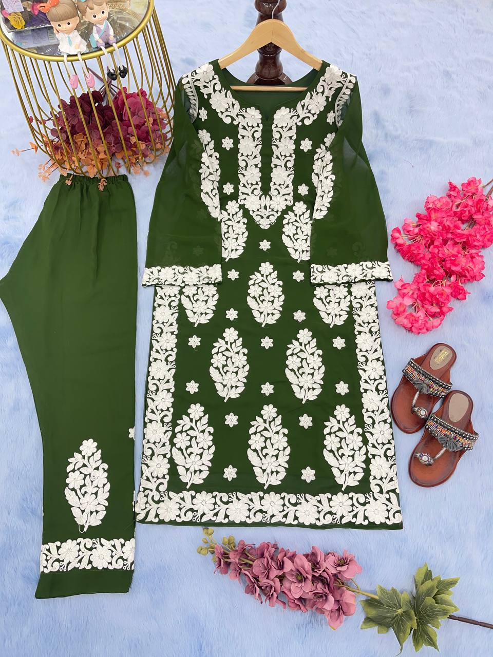 Mehendi Elegant Chikankari Designer Kurta & Bottom Set – Perfect Ethnic Look