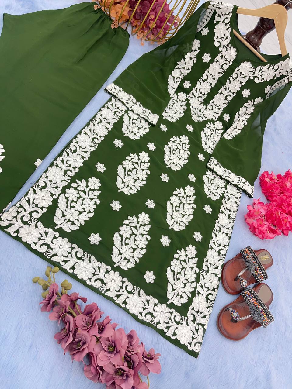 Mehendi Elegant Chikankari Designer Kurta & Bottom Set – Perfect Ethnic Look