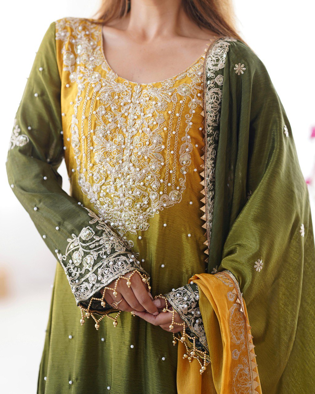 Mehendi Elegant Chinon Silk Ensemble – Top, Plazo & Dupatta