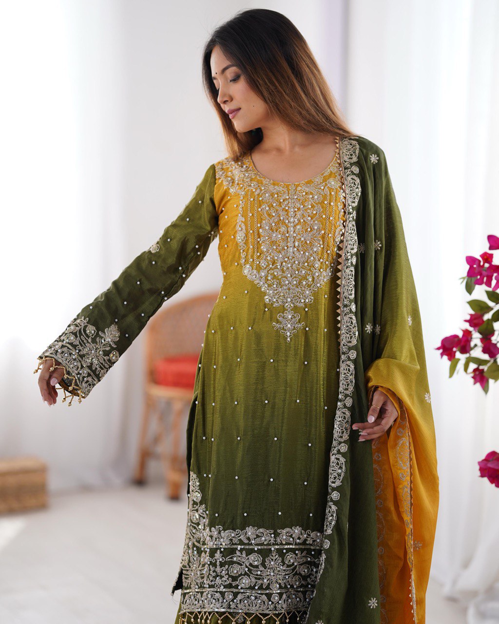 Mehendi Elegant Chinon Silk Ensemble – Top, Plazo & Dupatta
