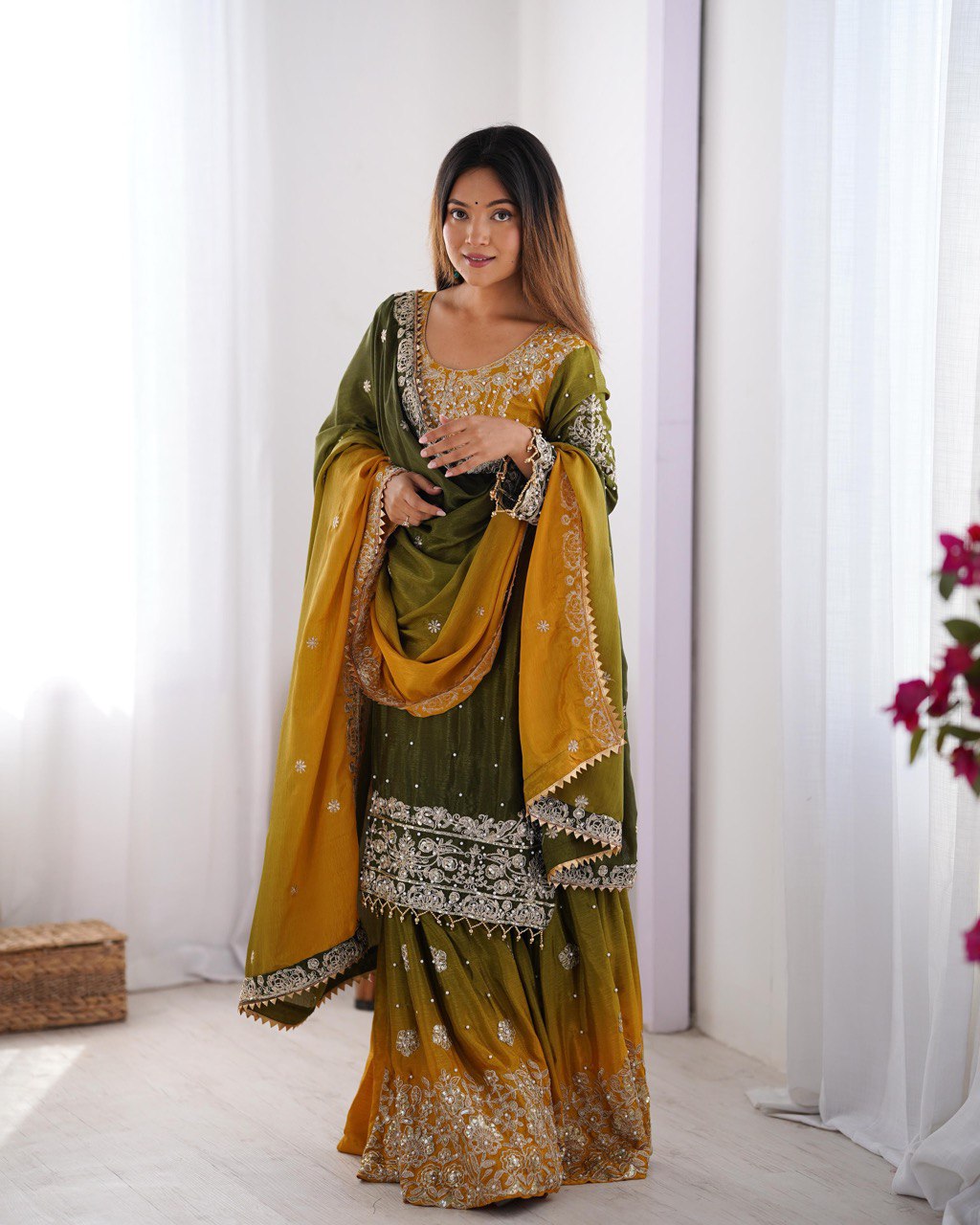 Mehendi Elegant Chinon Silk Ensemble – Top, Plazo & Dupatta