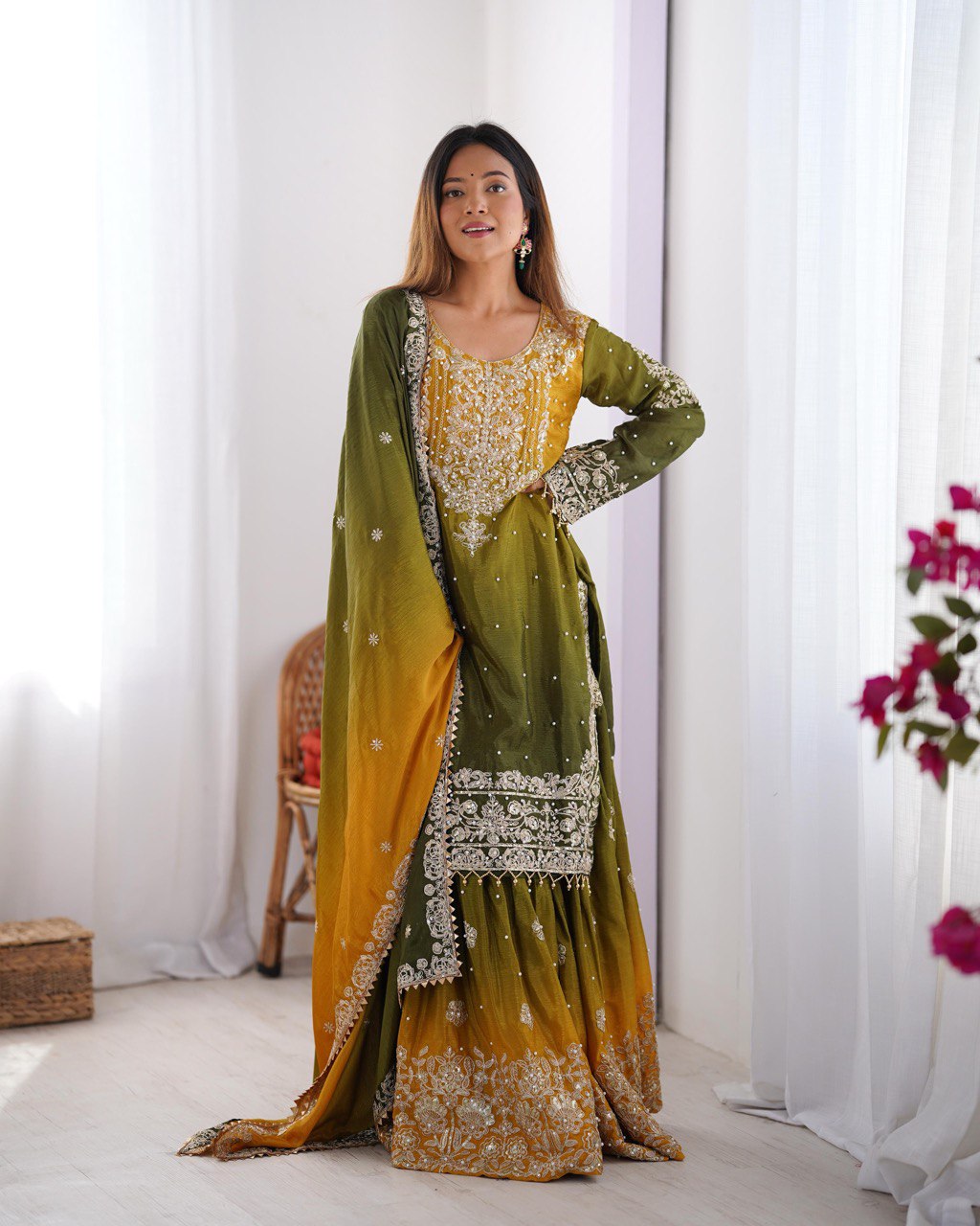 Mehendi Elegant Chinon Silk Ensemble – Top, Plazo & Dupatta