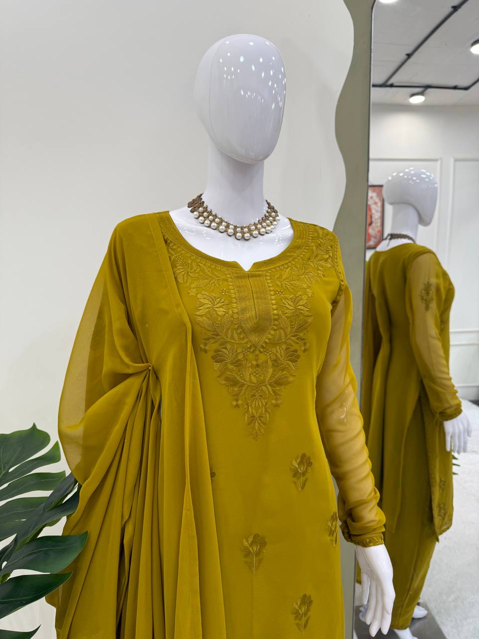 Mehendi Elegant Faux Georgette Pant Set with Intricate Thread Work & Dupatta