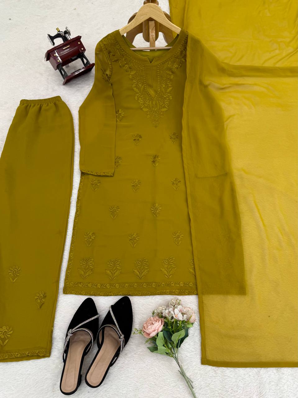 Mehendi Elegant Faux Georgette Pant Set with Intricate Thread Work & Dupatta