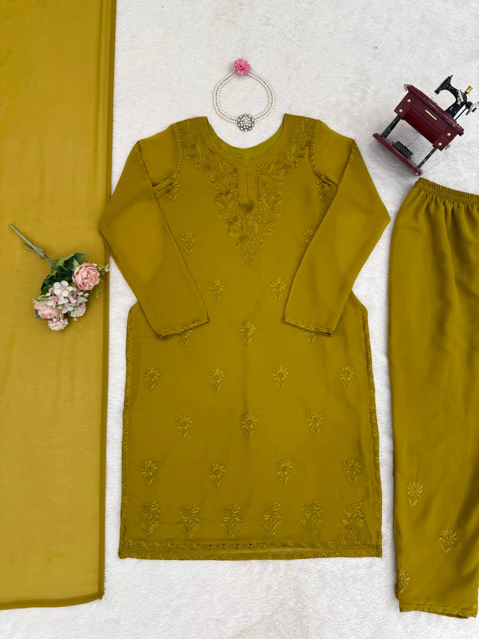 Mehendi Elegant Faux Georgette Pant Set with Intricate Thread Work & Dupatta