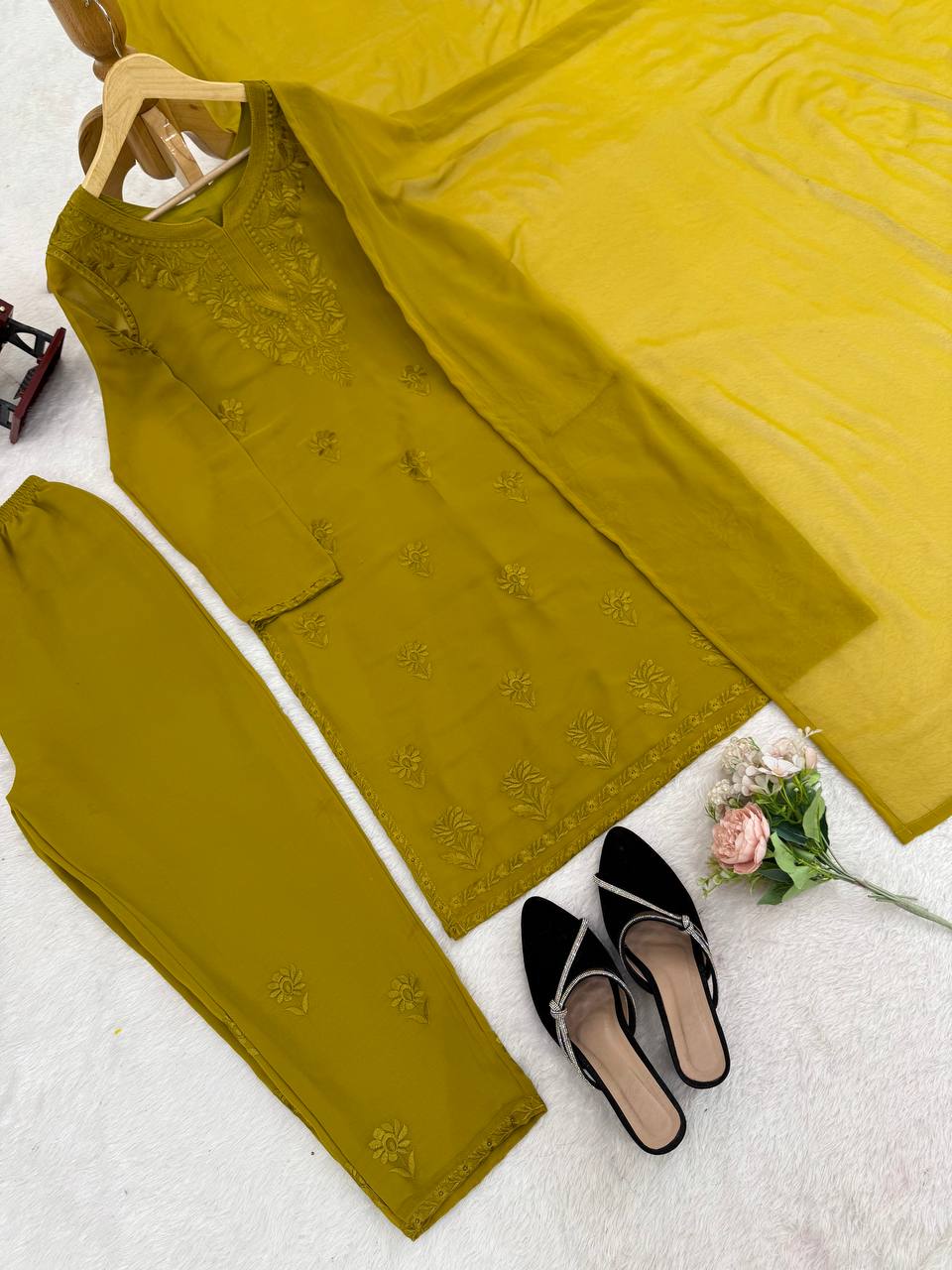 Mehendi Elegant Faux Georgette Pant Set with Intricate Thread Work & Dupatta