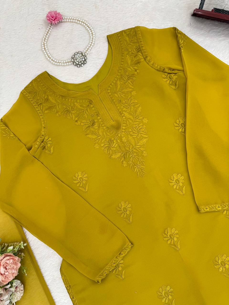 Mehendi Elegant Faux Georgette Pant Set with Intricate Thread Work & Dupatta