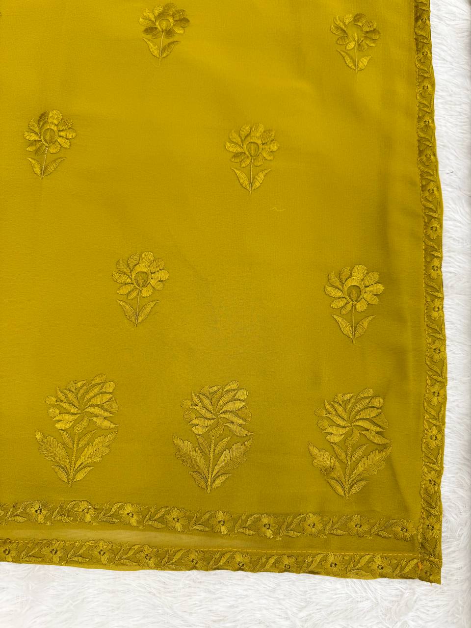 Mehendi Elegant Faux Georgette Pant Set with Intricate Thread Work & Dupatta