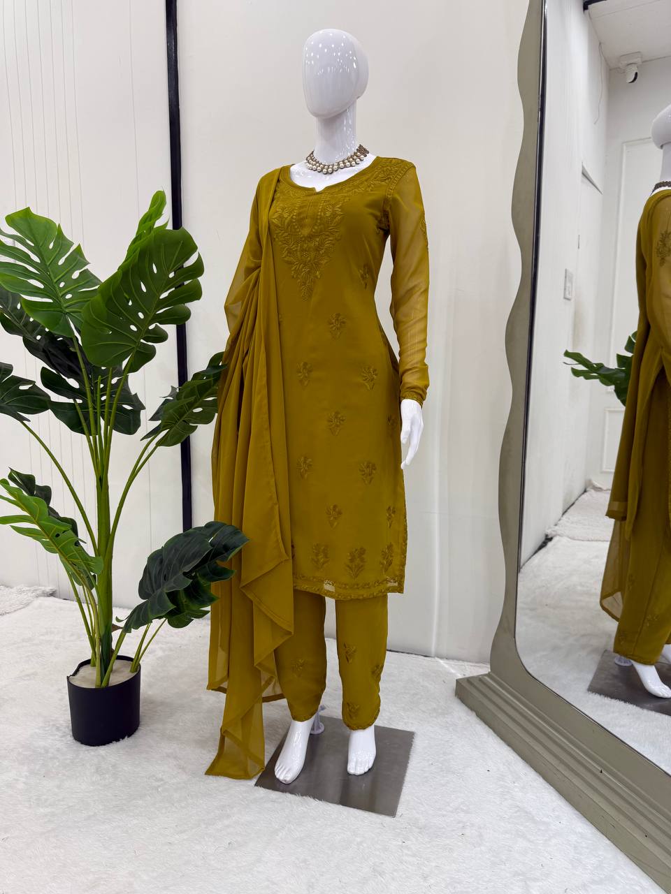 Mehendi Elegant Faux Georgette Pant Set with Intricate Thread Work & Dupatta