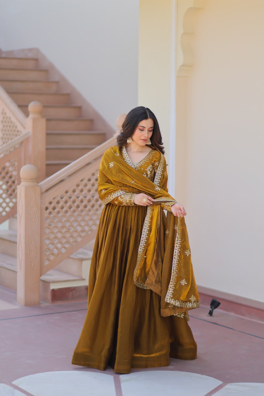 Mehendi Elegant Fendy Fabric Embroidered Gown with Dupatta Set