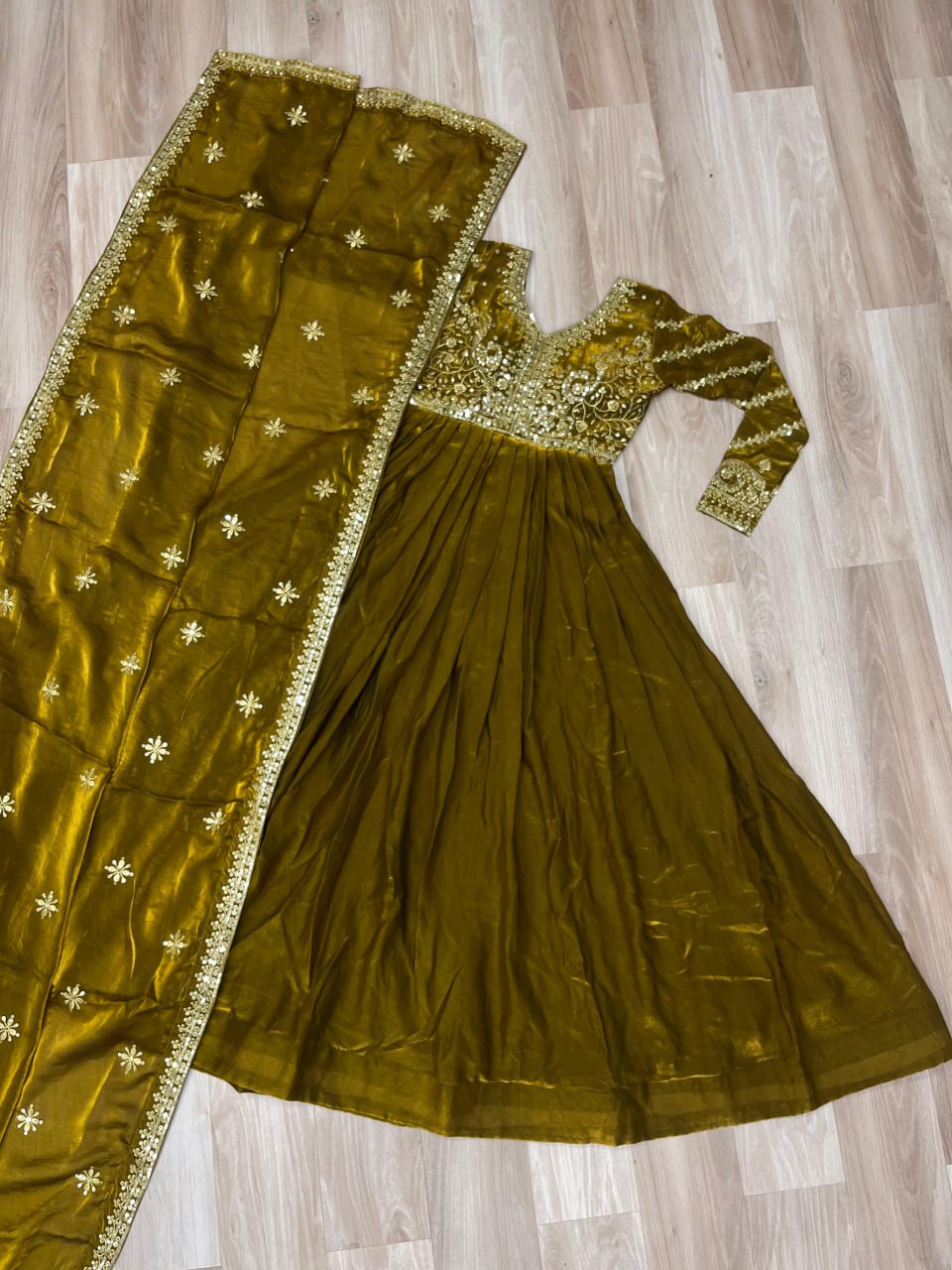 Mehendi Elegant Fendy Fabric Embroidered Gown with Dupatta Set