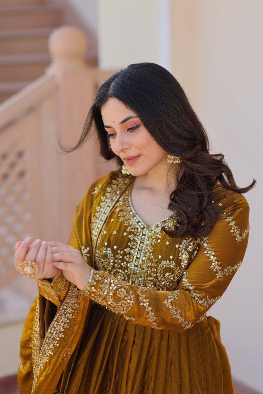 Mehendi Elegant Fendy Fabric Embroidered Gown with Dupatta Set