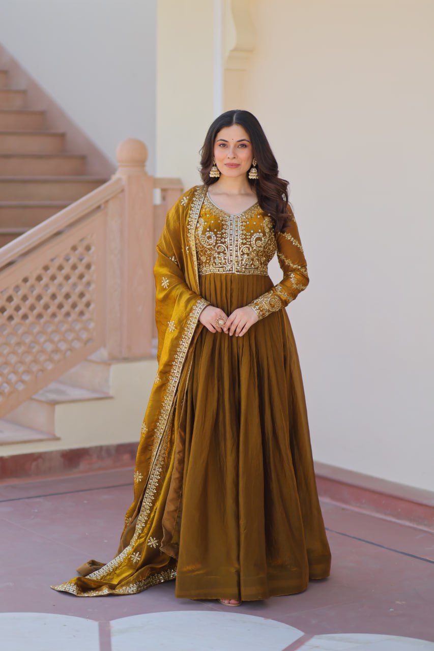 Mehendi Elegant Fendy Fabric Embroidered Gown with Dupatta Set