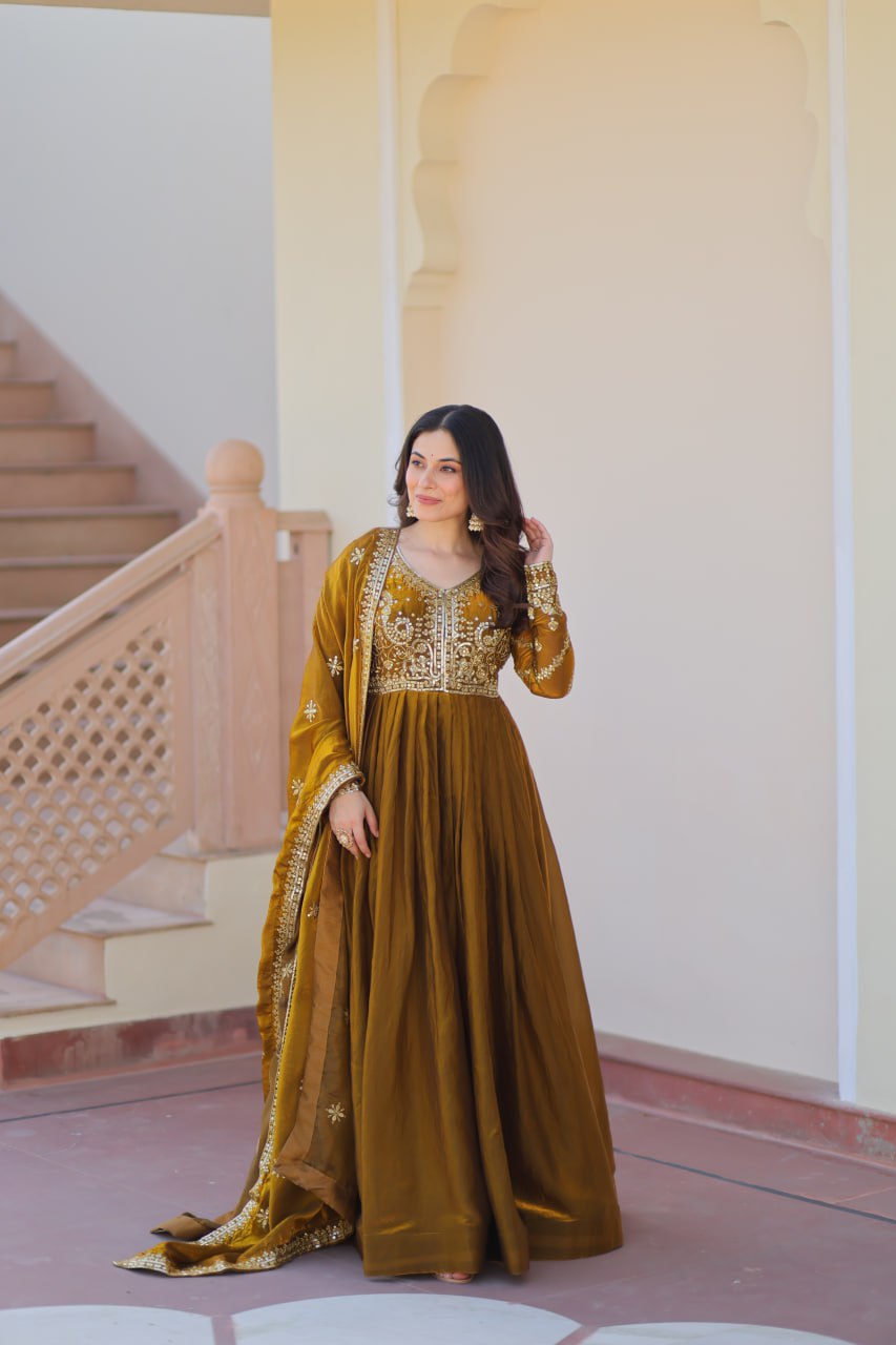 Mehendi Elegant Fendy Fabric Embroidered Gown with Dupatta Set