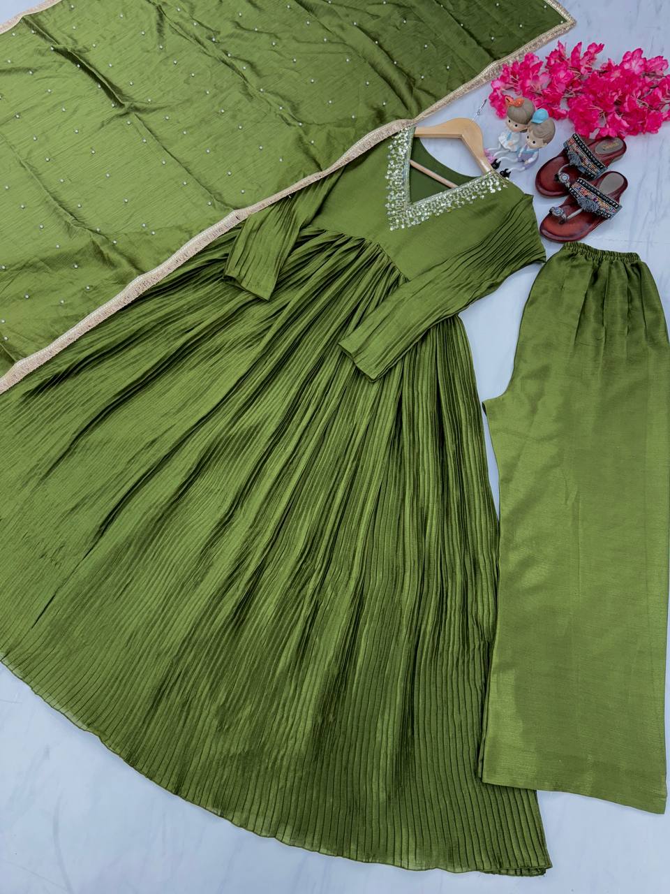 Mehendi Elegant Party Wear Alia Cut Anarkali Gown Set with Dupatta & Bottom