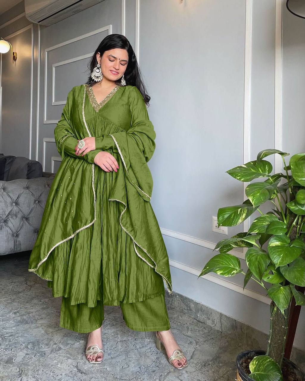 Mehendi Elegant Party Wear Alia Cut Anarkali Gown Set with Dupatta & Bottom