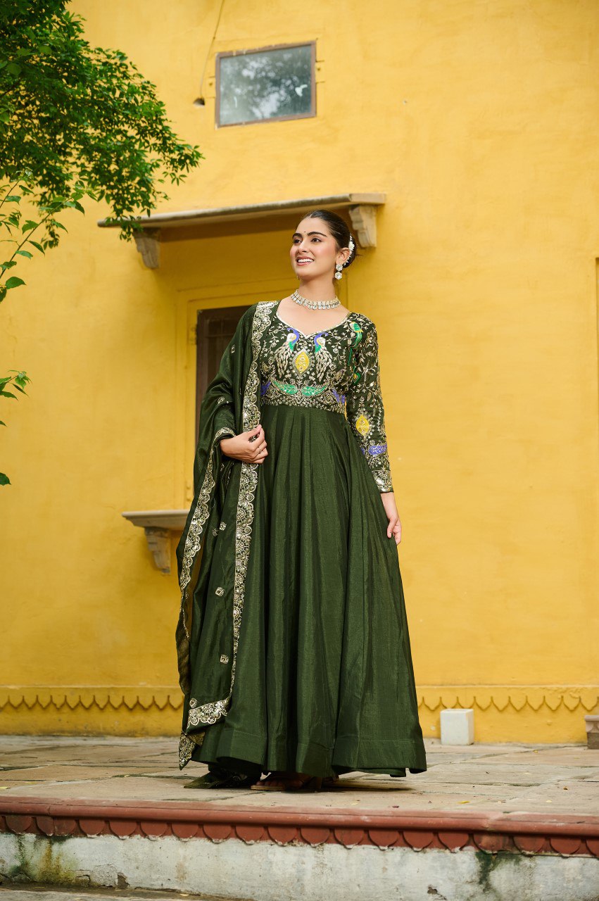 Mehendi Elegant Vichitra Fabric Gown with Multi-Thread & Zari Embroidery – 12 Kali Stitch, Full Sleeves
