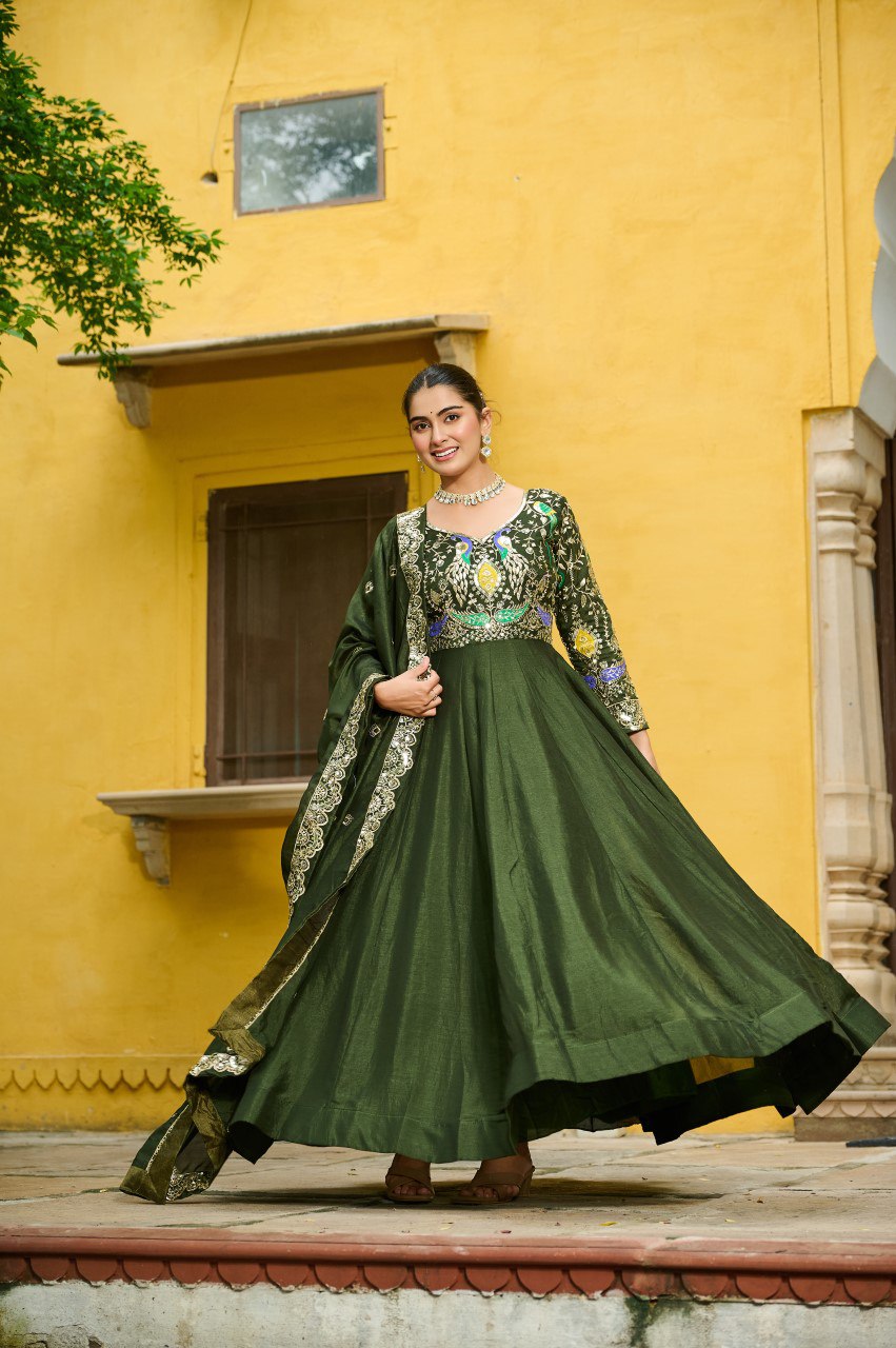 Mehendi Elegant Vichitra Fabric Gown with Multi-Thread & Zari Embroidery – 12 Kali Stitch, Full Sleeves