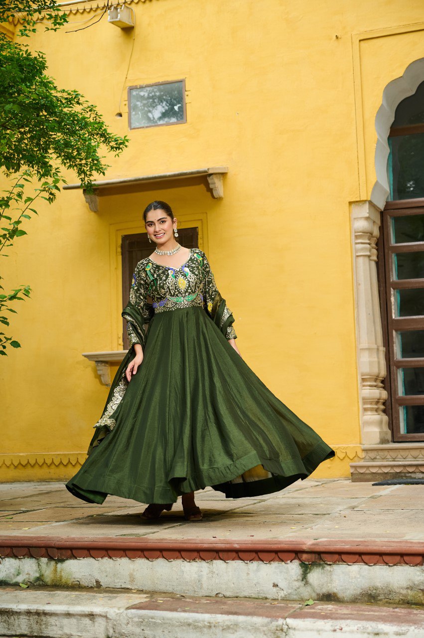 Mehendi Elegant Vichitra Fabric Gown with Multi-Thread & Zari Embroidery – 12 Kali Stitch, Full Sleeves